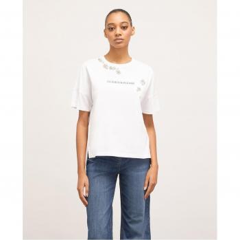 Camiseta de mujer con mensaje y adornos de pedrería