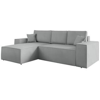Sofá rinconero Clovis 108, gris, con función de descanso y caja de ropa de cama, dimensiones 279x181x94cm