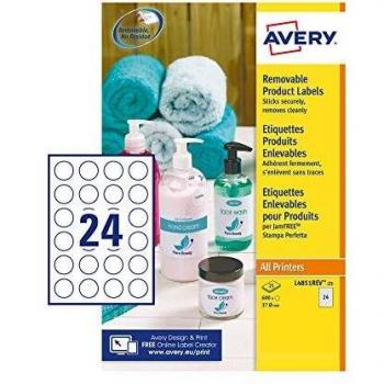 Avery Removable Labels 37mm dia 24 PSht Wht Pack of 600 L4851REV-25