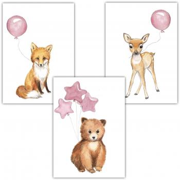 Frechdax® 3er Set Kinderzimmer Poster Baby Bilder DIN A4 | Waldtiere Safari Afrika Tiere Tierposter Luftballon Ballon Farbwahl