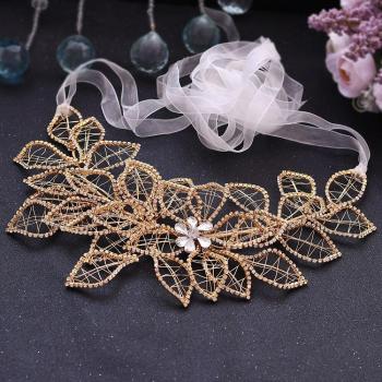 TRiXY ceinture fleurie à perles dorées pour robe de mariée, avec strass, SH256-G