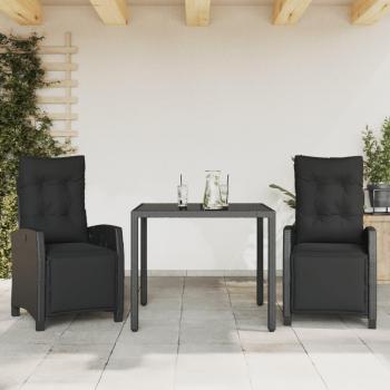 Set extérieur noir : table, chaises réglables et coussins 3 pcs