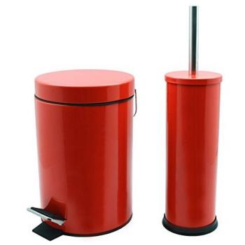 Red Round Stainless Steel Bathroom Pedal Bin and Toilet Brush Set