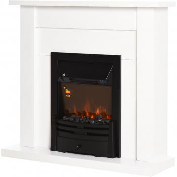 HOMCOM Electric Fireplace Suite with LED Flames, Remote Control, Marble Stone Finish, Modern Curved Surround, Intelligent Safe Tempered Glass