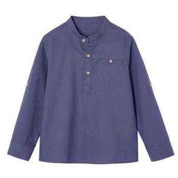 Chemise col mao garçon, bleu ardoise, matière mixte coton/lin
