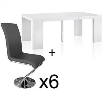 Table à manger extensible blanc laqué + 6 chaises Colami gris