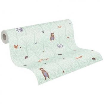 Papel pintado verde con osos y zorros