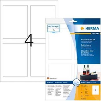 HERMA 8882 Flaschen-Etiketten für Tintenstrahldrucker DIN A4 (90 x 120 mm, 10 Blatt, Papier, glänzend) selbstklebend, bedruckbar, permanent haftende Inkjet Aufkleber, 40 Klebeetiketten, weiß