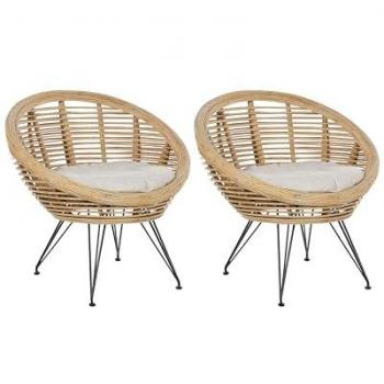 Set di 2 Sedie Boho in Rattan Naturale con Cuscino Beige Chiaro in Cotone e Gambe in Ferro