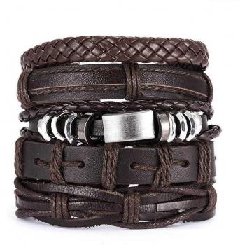 Vintage Multilayer Leather Bracelet for Men with Leaf and Star