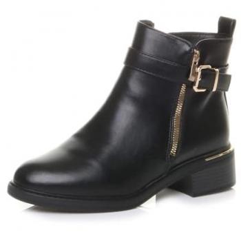 Buckle‑Gold Zip Chunky Sole Low‑Heel Ankle Boot