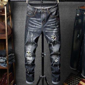 Jeans Stretch con Estampado de Tinta y Diseño Agujereado para Hombre