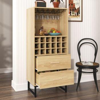 Credenza Mobiletto 57x37x122cm con Porta Vino, Cassettiera a 2 Cassetti, 18 Scomparti, porta calici