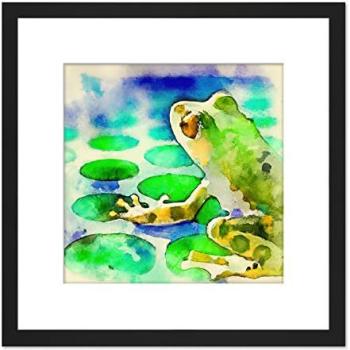 Aquatic Frog Portrait – 8×8 Watercolor Print, Wooden Framed (Black)
