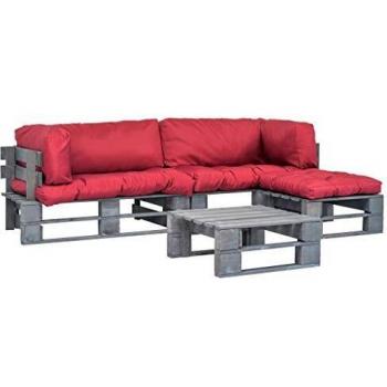 VidaXL 4-tlg. Outdoor-Lounge-Set Paletten mit roten Polstern aus Holz