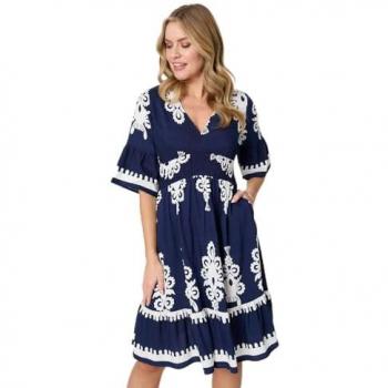 Coastal Charm Ikat ½‑Sleeve Relaxed Dress – Izabel London