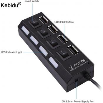 Hub USB 2.0 mini à 4 ports, LED, câble et bouton marche/arrêt