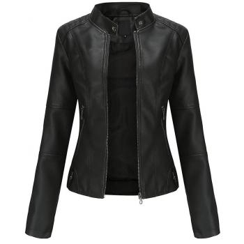 Veste en cuir noir à col montant pour femmes M