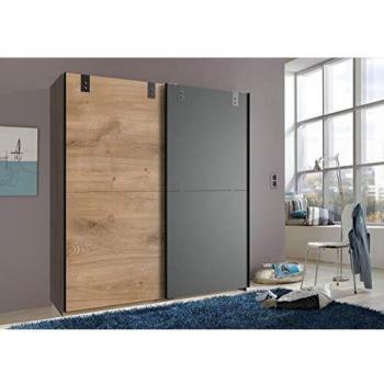 PEGANE – Armoire de style bois chêne, poutre, portes coulissantes et rechampis graphite (L180 H198 P64)
