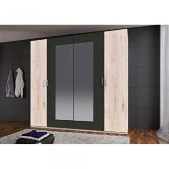 Armoire 4 portes avec miroir imitation chêne Hickory rechampis graphite