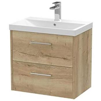 Juno 600mm Wall Hung Vanity Unit with 2 Drawers and Thin-Edge Ceramic Basin in Autumn Oak