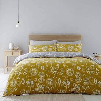 Catherine Lansfield Classic Birds King Duvet Cover, Easy-Care Fabric in Ochre