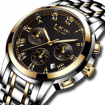 Men’s LIGE Stainless Steel Waterproof Sport Watch – Gold/Black, Quartz Movement
