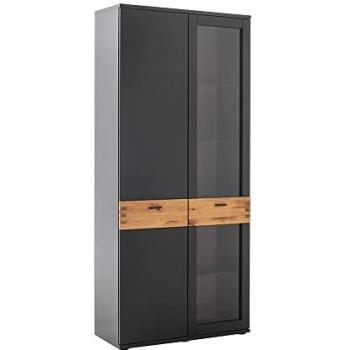 Schwarzgrauer Vitrinenschrank CHAPLEAU-05, 90 cm, Wildeiche massiv