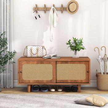 Stoccaggio Elegante: Scarpiera Rattan con Ante Bianche e Ripiano Noce