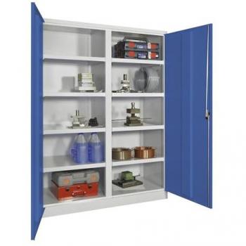 Pavoy Schwerlastschrank extrabreit H1950 x B1470 x T630, 8 Böden, Lichtgrau/Enzianblau