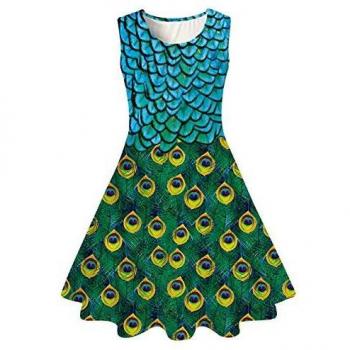 AIDEAONE Girls Peacock Print Dress Cute A-Line 10-12 Years