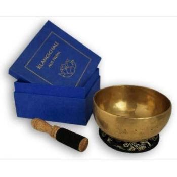 Klangschale in blauer Geschenkbox S mit Lotus-Aufdruck und Zubehör