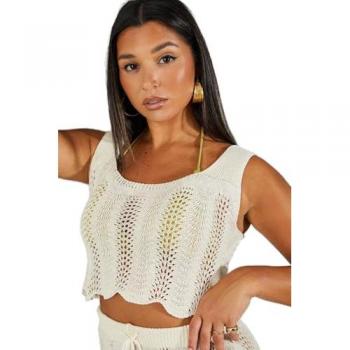 MissPap Women's Ivory Crochet Knit Scallop Hem Top