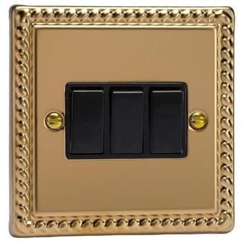 Varilight Georgian Brass Black 3-Gang Rocker Switch, Model XG3B – 95x95x25 mm (Yellow)