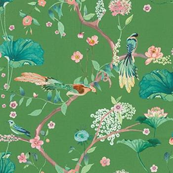Papel Pintado no Tejido Verde Hierba con Flores de Cerezo
