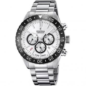 Festina Chronograph Watch with White Dial and Steel Band