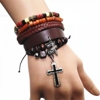 Handmade Multilayer Leather Bracelets with Brown Cross and Black Leaf