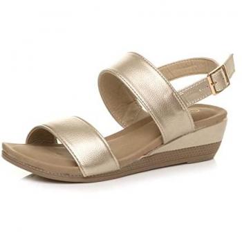 AJVANI Women’s Low Heel Strappy Slingback Faux Leather Wedges – Gold (Size 3)