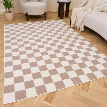 Loft Beige Checkered Living Room Rug, Soft Pile, 120x170cm