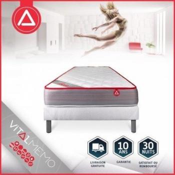 Série VITALMEMO Sommeil Total 90x200 cm – Matelas mémoire de forme 20 cm – Sommier blanc, ferme