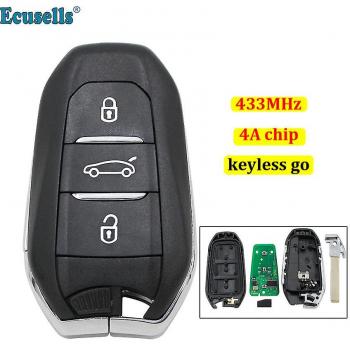 Télécommande Sans Clé Bicaco pour Voitures Peugeot (208, 308, 508, 3008, 5008), Trois Boutons, Fréquence 433MHz, Puce 4A,