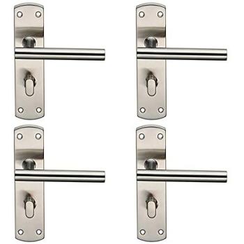 4‑Pack Mitred T‑Bar Bathroom Lever Set – Backplate Handles, Thumbturn Locks, Satin Steel Finish