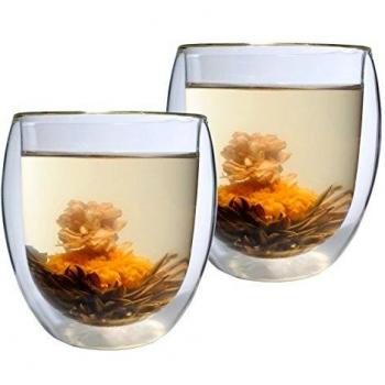 Feelino Tee‑Erblühglas Doppelwand – 400 ml, Weißer Tee, Schwebende Blume