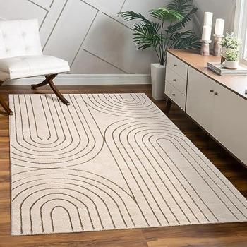 Moderne Wohnzimmerdekoration: Kurzflorteppich mit Blattmuster und bunten Geometrie-Effekten, Größe 80x300 cm, Creme