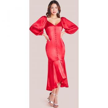 Red Satin Viscose Button-Up Dipped Hem Midaxi Dress