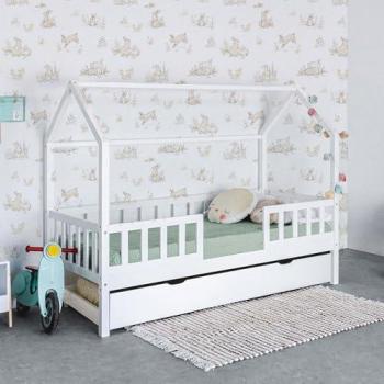 Cama casita infantil con barandilla y 2 cajones de madera blanca 90x190cm