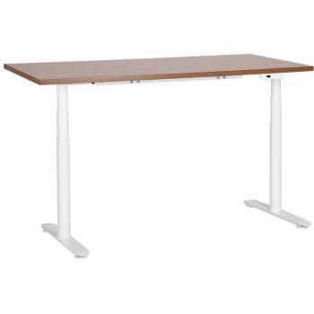 Table de bureau électriquement réglable 160 x 72 cm bois foncé avec cadre acier blanc DESTINAS