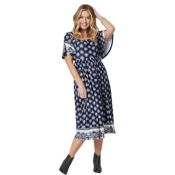 Printed Navy Midi Dress with 1/2 Batwing Sleeves