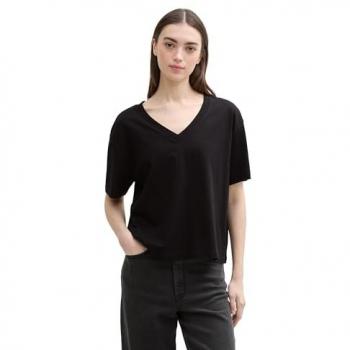 Tom Tailor Damen‑T-Shirt in Black Boxy Fit, V‑Schlitz, Größe XXL