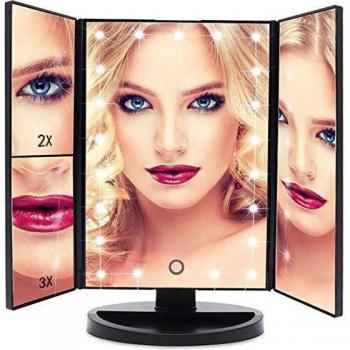 BeamBloom 22‑Light Foldable Cosmetic Mirror, 1X–10X Magnification, Touch Display, Portable Power